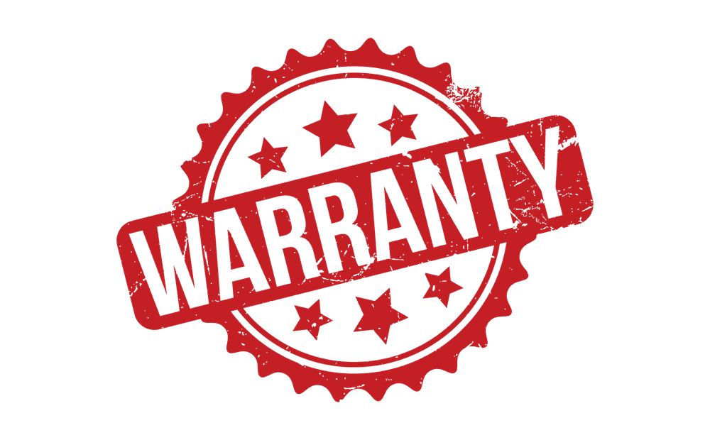 A red stamp graphic with the words "The Roofworks Warranty" in bold capital letters, surrounded by stars on a white background.